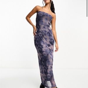 bandeau mesh midi dress in floral plaid